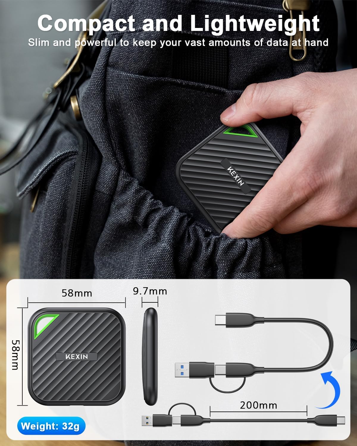 KEXIN External SSD 1TB USB C Portable SSD Up to 2000MB/s External Solid State Drive USB 3.2 Gen 2x2 Type-C Portable Solid State Drive for PC Mac Game Console - Image 3