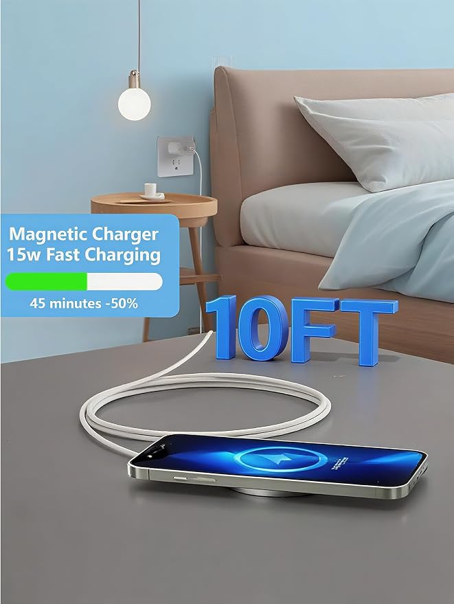 Magnetic Wireless Charger for Apple iPhone 17/16/15/14/13/12/11/AirPods, 2-Pack Fast Charging Long Cable 10ft Magnet Pad & 2-Pack Type-c Charger Block, White | 2Pack Magnetic Wireless Charger 15W Pad 10 ft Long Cord for iPhone 17/16/15/14/13/12,20W Ada... - Image 4