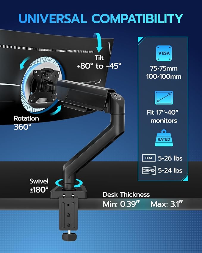 ARES WING 17-40 Inch Heavy Duty Monitor Arm with USB, Black | Fully Adjustable Monitor Mount for Ultrawide Screens up to 26.4 lbs with Clamp/Grommet Desk Mount, 75/100 Vesa Mount - Image 2