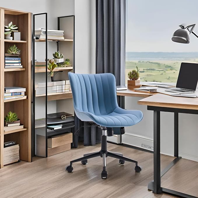 YOUNIKE Office Desk Chair with Wheels Armless Vanity Chair Modern Blue | Faux Leather Upholstered with Rocking Back, Swivel Height Adjustable Small Cute Computer Rolling Task Chair Ergonomic 300lb - Image 9