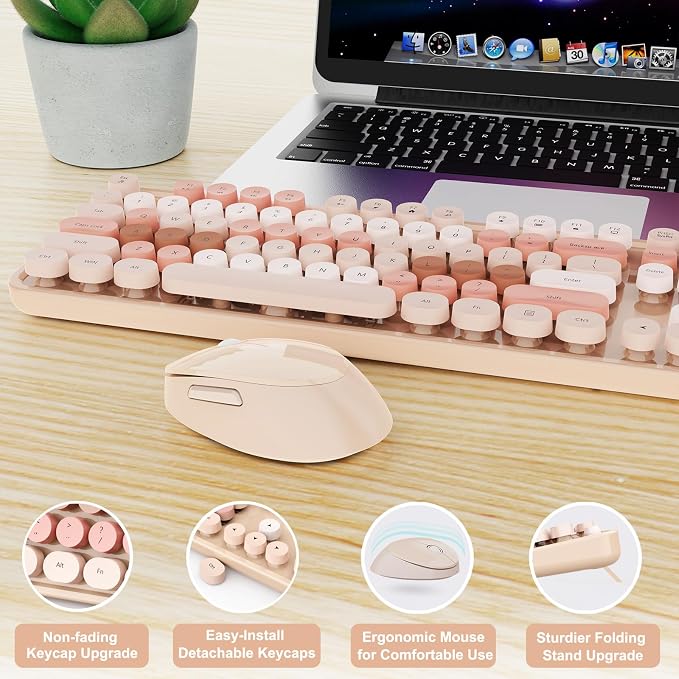 Wireless Keyboard and Mouse, Full-Size Typewriter Keyboard with Retro Round Keycaps, Ergonomic Design, Compatible with Windows PCs, Ideal for Home and Office. (Milk Tea) - Image 5