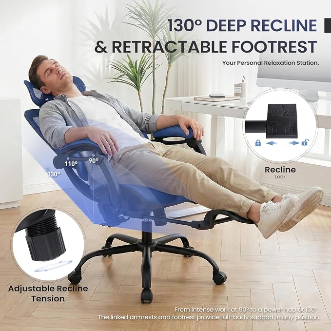 MALOL Ergonomic Mesh Office Chair with Footrest, Executive High Back Computer Desk Chair with 3D Adjustable Headrest & 5-Level Lumbar Support, Reclining Tilt Lock, 3D Arms, 300LBS Capacity, Blue - Image 7