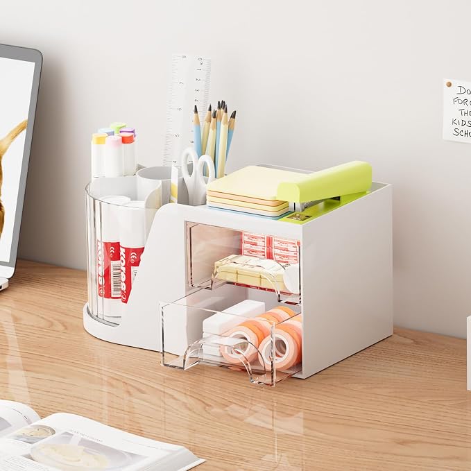 Marbrasse Desk Organizer with 2 Drawer, 360°Rotating Pen Holder, Desk Organizers and Accessories with 6 Slots Pencil Organizer + 2 Drawer, Art Supply Storage Box Caddy for Office (White) - Image 4