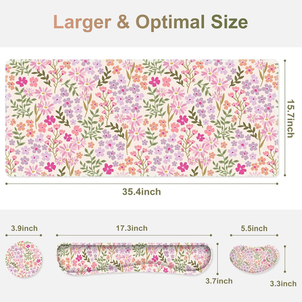 Large Gaming Mouse Pad Set, Ergonomics Keyboard Desk Mat with Memory Foam Wrist Rest, Computer PC Extended Game Mousepad, Non-Slip Desk Matt Easy Typing Pain Relief I Artistic Colroful Flowers - Image 3