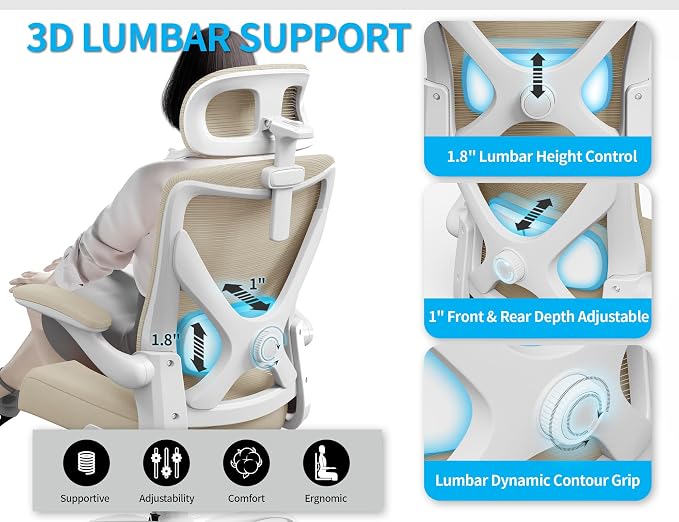 Ergonomic Office Chair: Mesh Desk Chair Comfy with Headrest& Lumbar Support | Ergalithic Big and Tall Office Chairs with Wheels & Flip-Up Arms-Computer Gaming Chairs for Adults Home Office Chairs(Beige) - Image 4