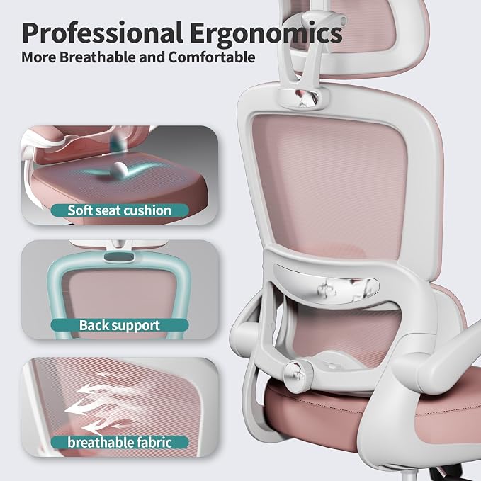TRALT Office Chair Ergonomic Desk Chair - Gaming Chair with Lumbar Support | 330 LBS Home Office Desk Chairs with Headrest, Reading Chair with Flip-up Armrests, Comfortable Computer Chairs (1, Pink) - Image 3