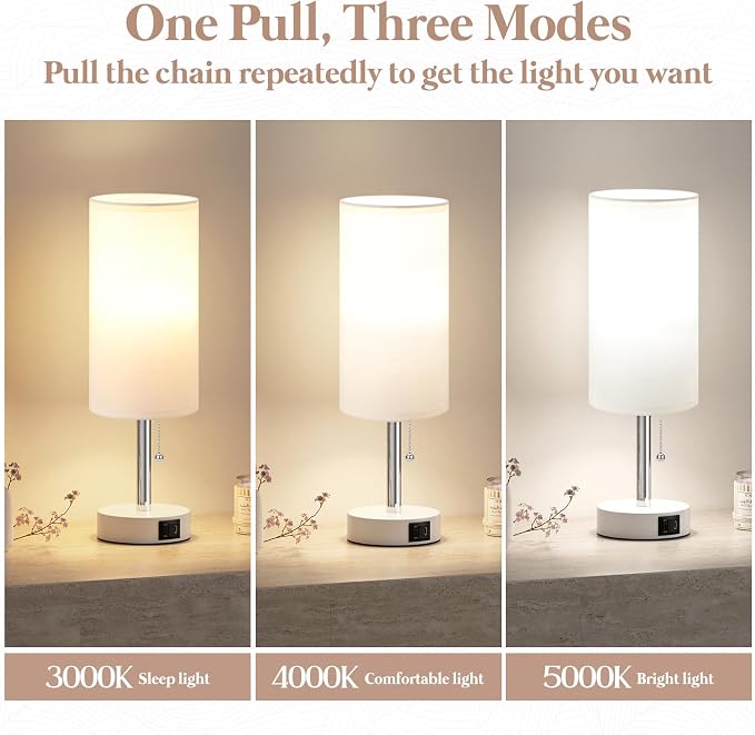 White Bedside Table Lamp for Bedroom - Small Nightstand Lamp for Girls | 3 Color Temp, USB A+C Ports, LED Bulb Included, Soft White Fabric Shade, Matte White Metal Base, 14" Desk Lamp for Kids Dorm - Image 3