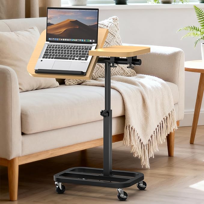 Portable Rolling Over Bed Laptop Desk, Adjustable Height and Tilt for Home | Alentar Large-Size Mobile Laptop Stand for Bed, Sofa TV Tray with Wheels, Sturdy Welded Metal Frame, Wood, 25” x 12.99” by Unlockyourhomestoragelife