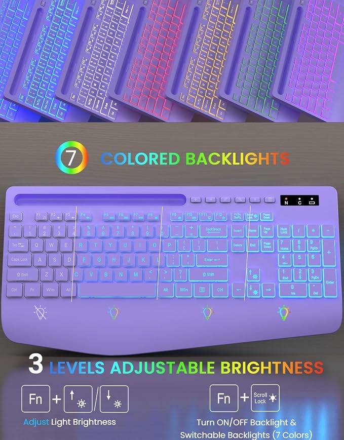 Wireless Keyboard, 7 Colored Backlits, Wrist Rest, Phone Holder-Purple | Rechargeable Ergonomic Computer Keyboard with Silent Keys, Full Size Lighted Keyboard for Windows, Mac, PC, Laptop - Image 2
