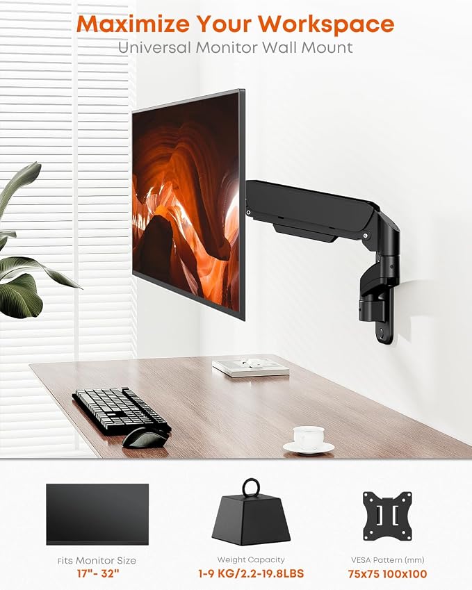 Single Monitor Wall Mount fits 17-32 inch Flat/Curved Screen | Gas Spring, Full Motion, Up to 19.8lbs per Arm, VESA 75x75/100x100, Black - Image 2
