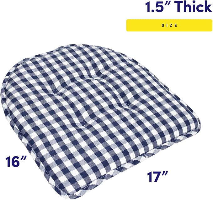 Sweet Home Collection Chair Cushion Memory Foam Pads Tufted Slip Non Skid Rubber Back U-Shaped 17" x 16" Seat Cover, 2 Count (Pack of 1), Checkered Navy/White - Image 2