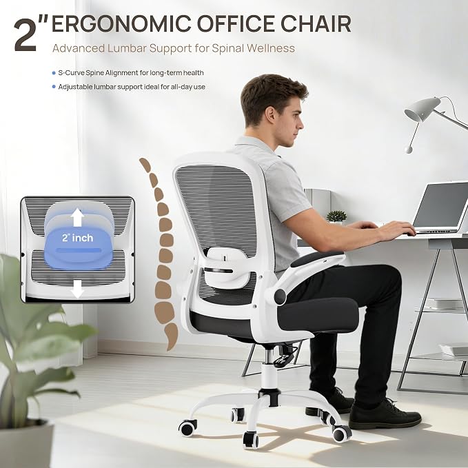 Mimoglad Ergonomic Office Chair - Desk Chair with Flip-up Armrests & 135° Recline, Adjustable Lumbar Support - Space-Saving Task Chair for Business/Team Office & Home (White Frame-Black, 300lbs) | Supports 300 lbs · Seat 19.48"–23.4" · Breathable mesh ... - Image 3