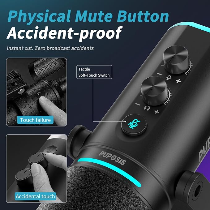 PUPGSIS Podcast Dynamic Microphone, XLR/USB Recording PC Microphones for Broadcast, Podcast, Recording, Gaming & Streaming, Studio Mic with Mute, Headphone Jack, Monitoring Volume Control, Windscreen - Image 7