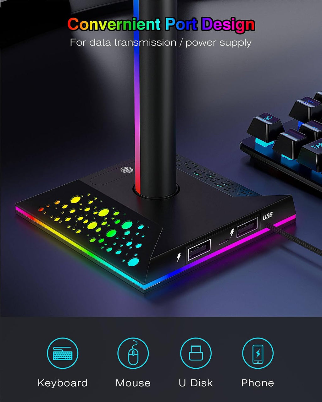 Hcman Headphone Stand Gaming Headset Holder RGB PC Gaming Accessories for Desk, Cool LED Headset Stand with 2 USB Charger for Gamer, Black - Image 6