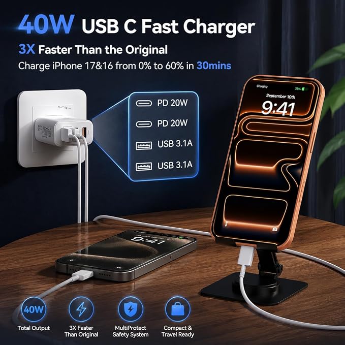 USB C Wall Fast Charger Block, 40W 4-Port Type C Charger Fast Charging Blocks PD Power Charger Adapter+QC 3.0 USB Multiport Charger Brick for iPhone 17/16/15/14/13/12 Pro Max, iPad, Galaxy S25-2Pack - Image 2