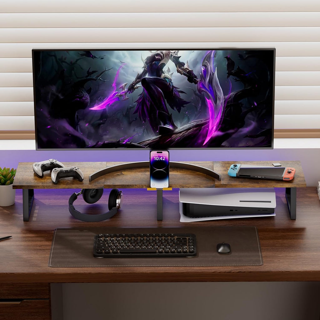 TEAMIX 42 inch Dual Monitor Stand Riser with Storage Drawer for Desk, Brown - Image 6