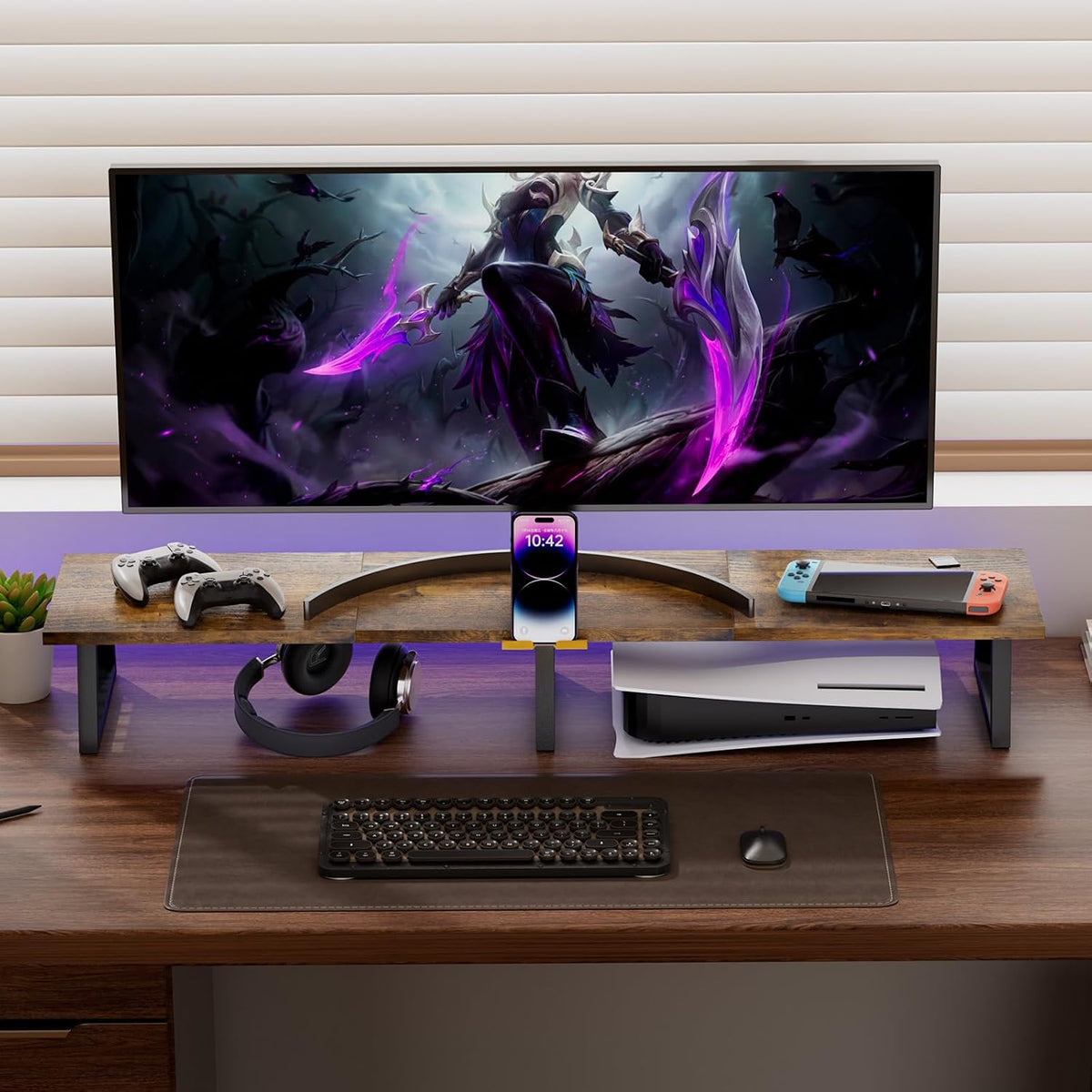 TEAMIX 42 inch Dual Monitor Stand Riser with Storage Drawer for Desk, Brown - Image 6