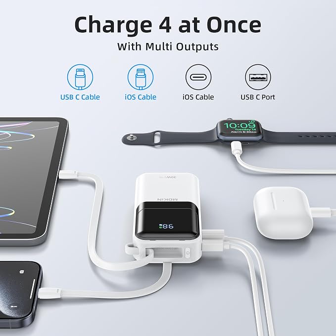 MOKiN Portable Charger, 10000mAh 30W Power Bank Fast Charging, Phone Battery Pack with Built in Cable, 4 Outputs, Travel Compact Powerbank USB C for iPhone iPad Pro MacBook Air Samsung - Image 4