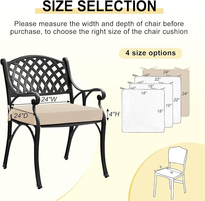 downluxe Waterproof Outdoor Chair Cushions for Patio Furniture, 24" x 24" x 4" Patio Chair Cushion with Adjustable Ties & Portable Handle, Square Outdoor Cushion with Removable Cover, Beige, 2 Pack - Image 6