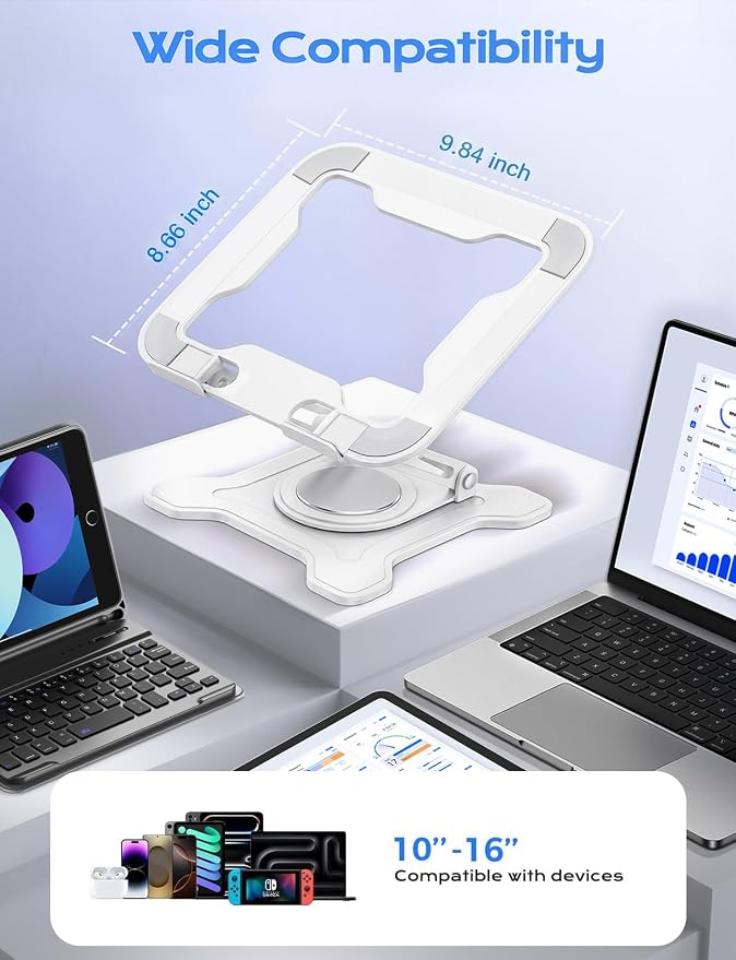 JCZT 360° Rotating Laptop Stand for Desk, Metal Foldable Laptop Riser White | Ergonomic Portable Adjustable Laptop Stand, Ventilated Cooling Notebook Holder for MacBook Air Pro, All 10-16'' Laptops - Image 6