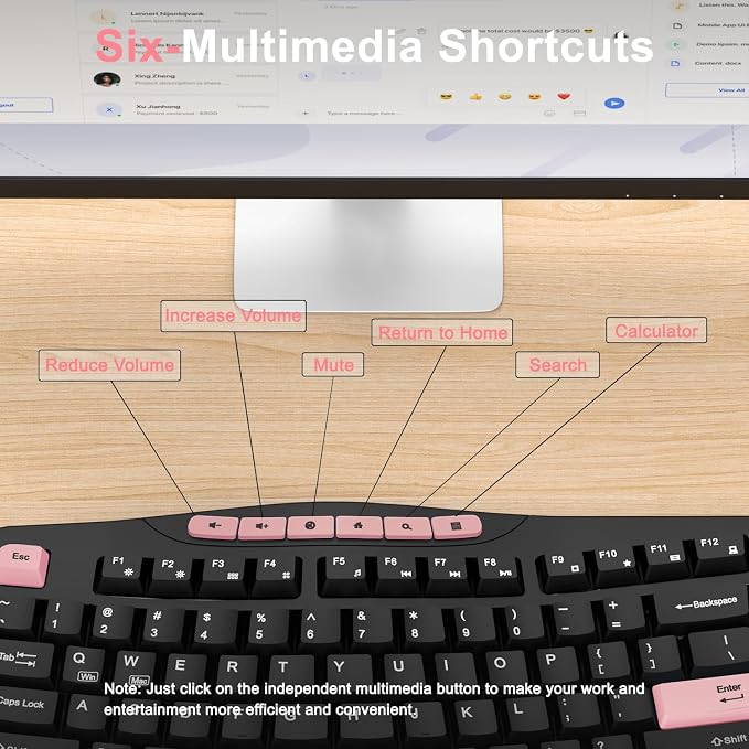 Wireless Keyboard and Mouse Combo, 2.4G Ergonomic Wave Keys(Pink-B) | Full Size Keyboard with 6 Multimedia Keys, Ergonomic Keyboard with Wrist Rest, 3-Level DPI Silent Mouse for Windows/Laptop/PC - Image 3