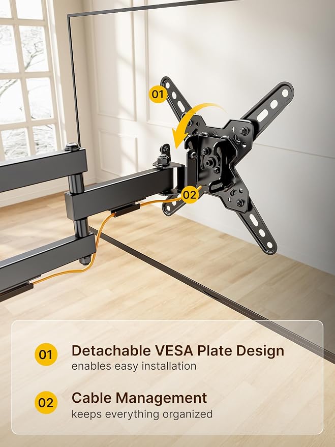 monTEK Full Motion Small TV Wall Mount for 13-43 Inch TVs up to 44 lb | ±90° swivel, +5°/-15° tilt, landscape/portrait rotation; extends 14.6 in, 4X load tested, VESA 200x200 mm, single-stud mount - Image 5