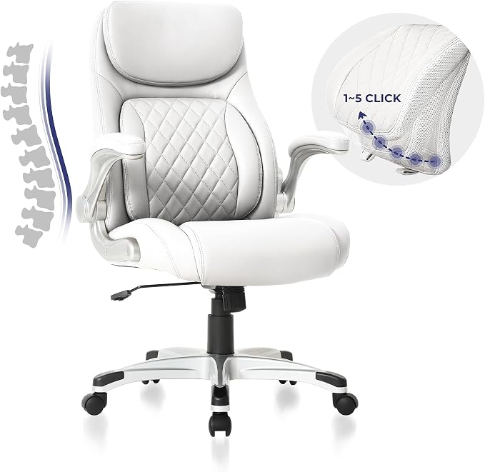 Nouhaus Ergonomic Office Chair Premium Leather Adjustable Lumbar Support & Armrests, High Back Comfy Desk Gaming Chairs Executive Computer Swivel Chair Tilt Function(Posture,White) by Nouhaus