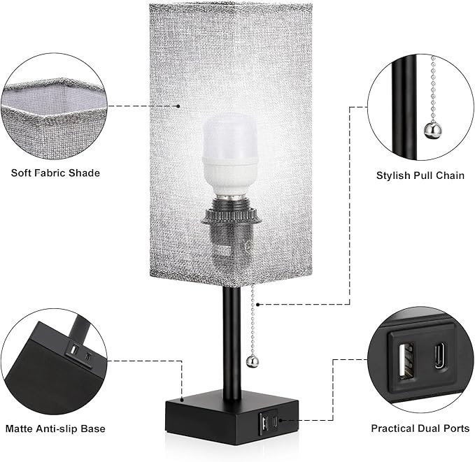 Set of 2 Grey Bedside Table Lamps for Bedroom - Nightstand Lamp, USB C+A | Pull Chain Lamp, 3 Color Modes(3000K/4000K/5000K), E26 LED Bulb Included, Square Grey Fabric Lampshade, for Read, Work, Dorm - Image 7