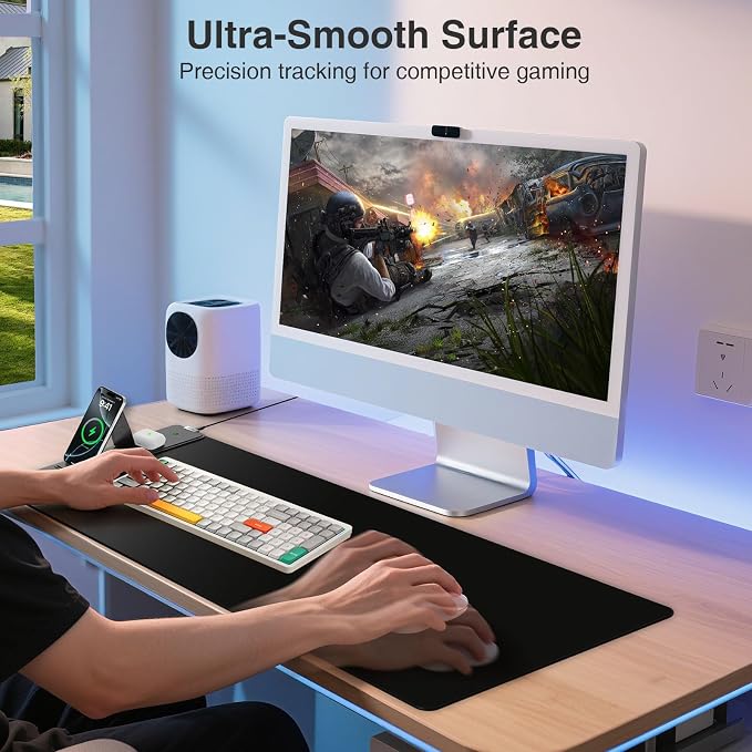 Wireless Charging Mouse Pad with Foldable Phone Holder, 31.5"x15.8", Black | Large Desk Mat for Laptop/Keyboard, Waterproof Ultra-Smooth Surface, Non-Slip Base - Image 5