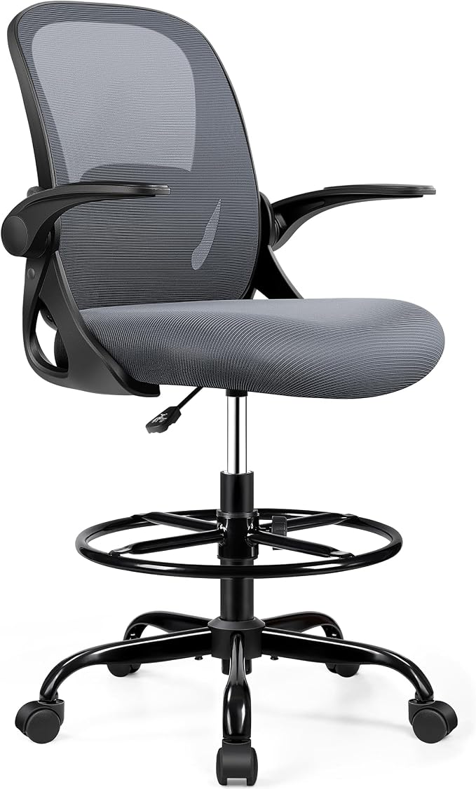 Drafting Chair Tall Office Chair with Flip-up Armrests, Adjustable Height, Enhanced Lumbar Support Ergonomic Rolling Stool, Back Support, Adjustable Foot Rest Ring for Standing Desk Dark Gray - Image 8