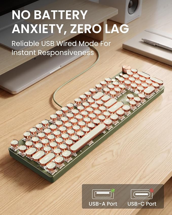 Wired Typewriter Mechanical Keyboard, Retro Punk Keyboard with Media Knob | White Backlit, Metal Panel, 104-Key Round Keycaps Low Noise Typewriter for Windows, PC, Laptop, Green, EWEADN V20 - Image 5