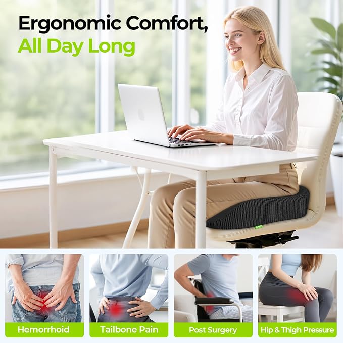 AUVON Ergonomic Donut Pillow Seat Cushion for Hemorrhoid & Back Pain Relief | Thick Memory Foam Chair Cushion with Firm Support for Tailbone, Sciatica, Pregnancy, Thigh Slope Design for Sitting Comfort - Image 2