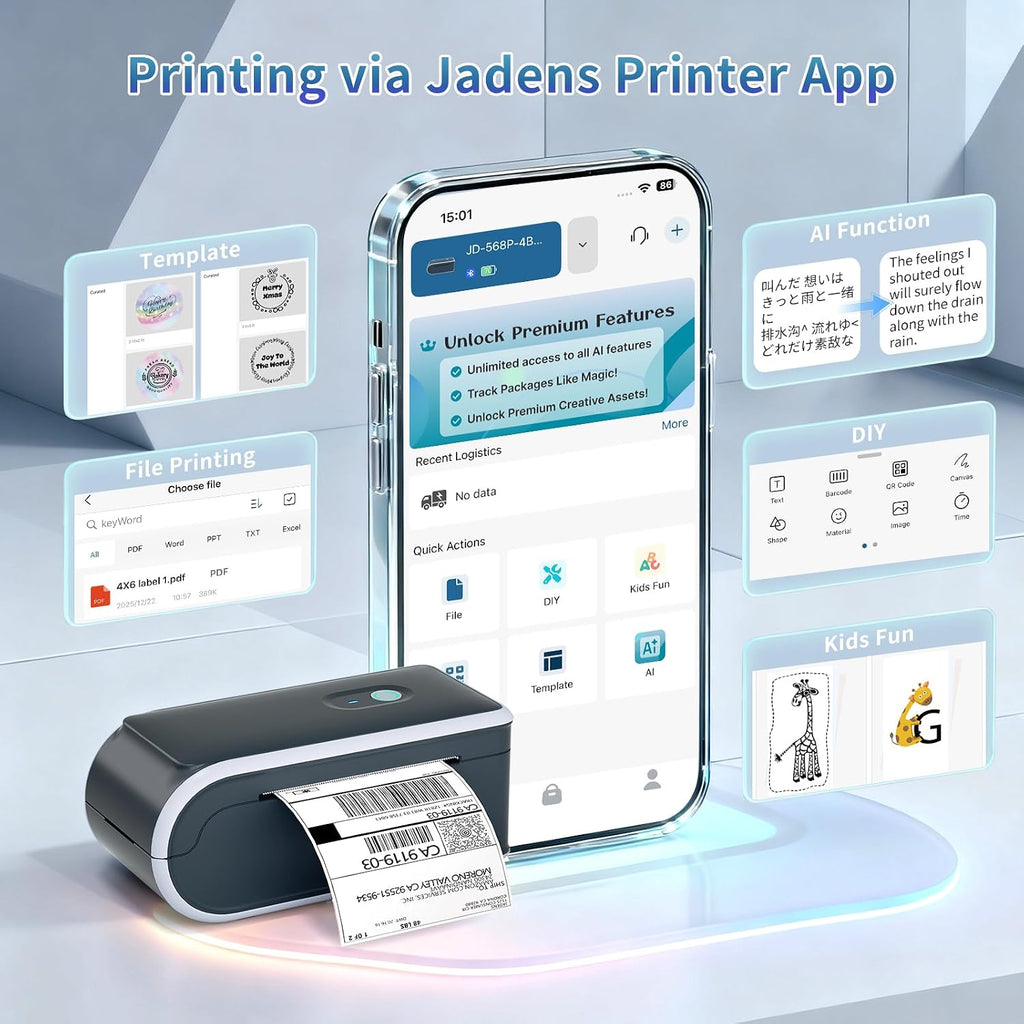 JADENS Battery Powered Thermal Printer, Cordless 4x6 Shipping Label Printer for Small Business, Prints 700+ Labels per Charge, 25H Standby, Portable Labeler for iPhone, Mac, Windows - Image 6