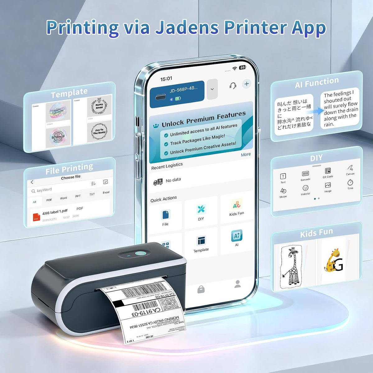 JADENS Battery Powered Thermal Printer, Cordless 4x6 Shipping Label Printer for Small Business, Prints 700+ Labels per Charge, 25H Standby, Portable Labeler for iPhone, Mac, Windows - Image 6