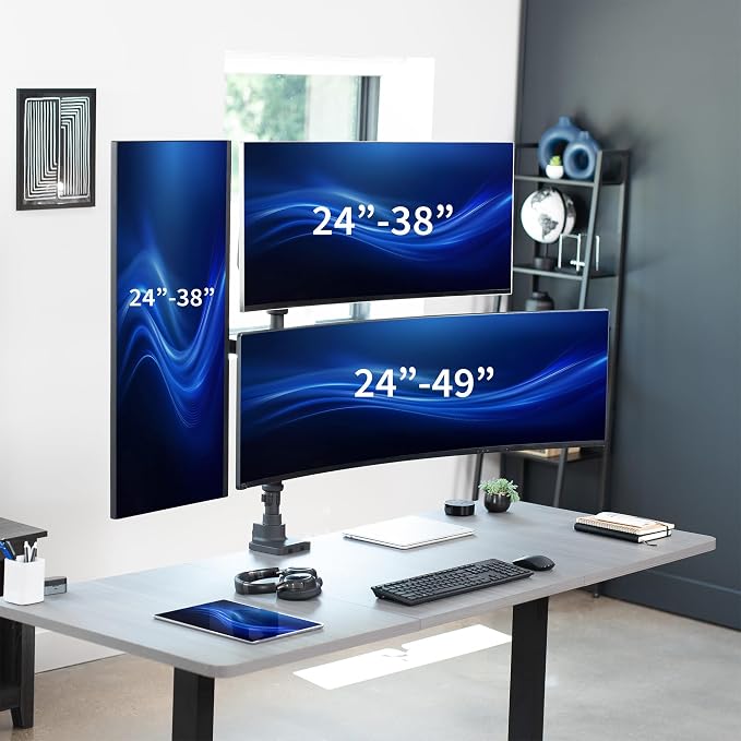 VIVO Pneumatic Arm Triple Ultrawide Monitor Extra Tall Desk Mount for Up to 49 inch Screens, Heavy Duty Clamp, Holds 3 Ultra Wides Up to 44 lbs, Black, STAND-V300D - Image 2