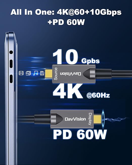 Full-Featured Fiber Optic USB C Video Cable 33FT, Support 4K@60Hz,10Gbps,PD 60W,USB 3.2 Active Optical Cable Built in German SiliconLine Chip for Logitech Camera,VR,Laptop,Video Conference - Image 2