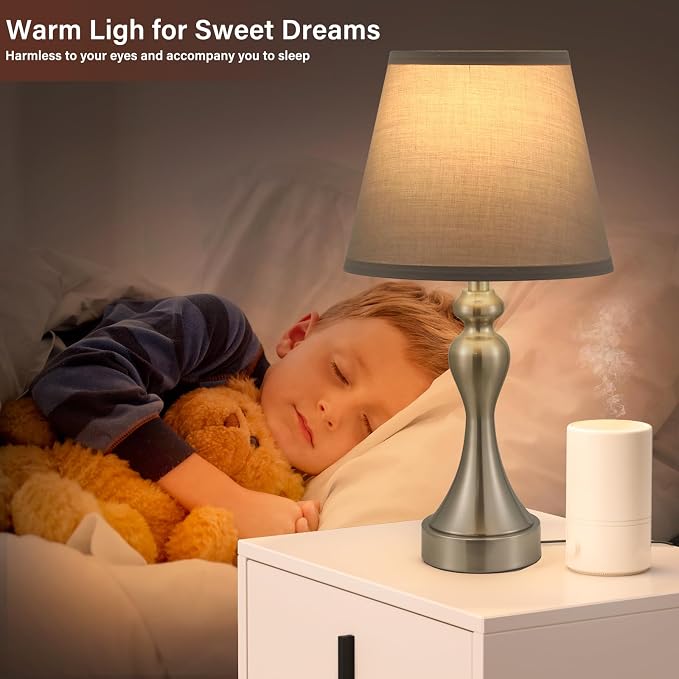 Touch Lamps for Nightstand, 3 Way Dimmable Bedside Lamps with USB C+A Ports | Touch Control, LED Bulb Included, Small Silver Table Lamp for Bedroom, Night Stands, End Table, Gift，Corded，Grey Shade - Image 7