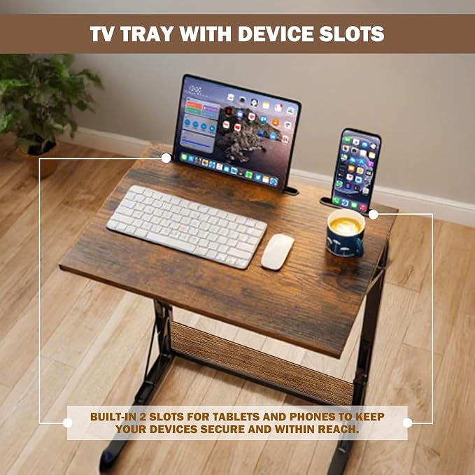 Folding TV Tray Table, Adjustable Height TV Trays for Eating on Couch | TV dinner tray table with tablet & phone slots,c shaped end table,laptop desk for sofa,bedside,recliner,dining,working,gaming - Image 4