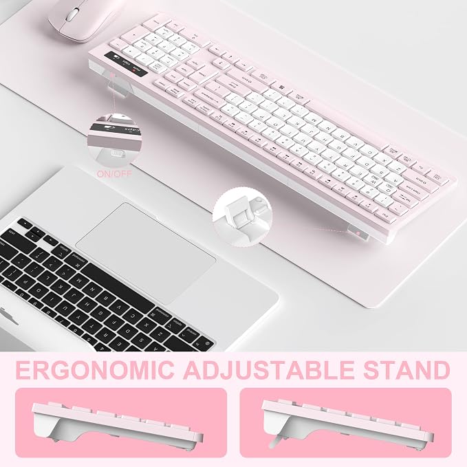 Wireless Keyboard and Mouse Combo Silent for Office and Home(Pink-B) | 2.4G Full Size Silent Cordless Keyboard with Tilt Legs,3-Level DPI Quiet Mouse,for Windows/Mac OS/Desktop/Laptop/PC - Image 5