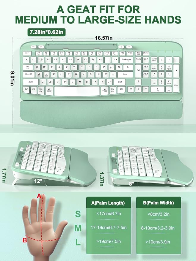 EAYBLLY 2.4G Wireless Ergonomic Keyboard, Full Size Wave Keys with Memory Foam Wrist Rest & 7.28in Phone Holder, USB-C Adapter Included for Windows Mac Chrome OS, Office or Home (Mint Green) - Image 2