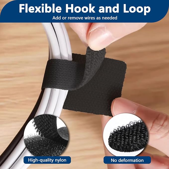 Abnii 50 PCS Hook and Loop Cable Ties, Under Desk Cable Management, White | Self Adhesive Cable Clips Straps, Sticky-Back Cord Organizer, Wire Organizer for TV PC Laptop Ethernet Desktop - Image 6