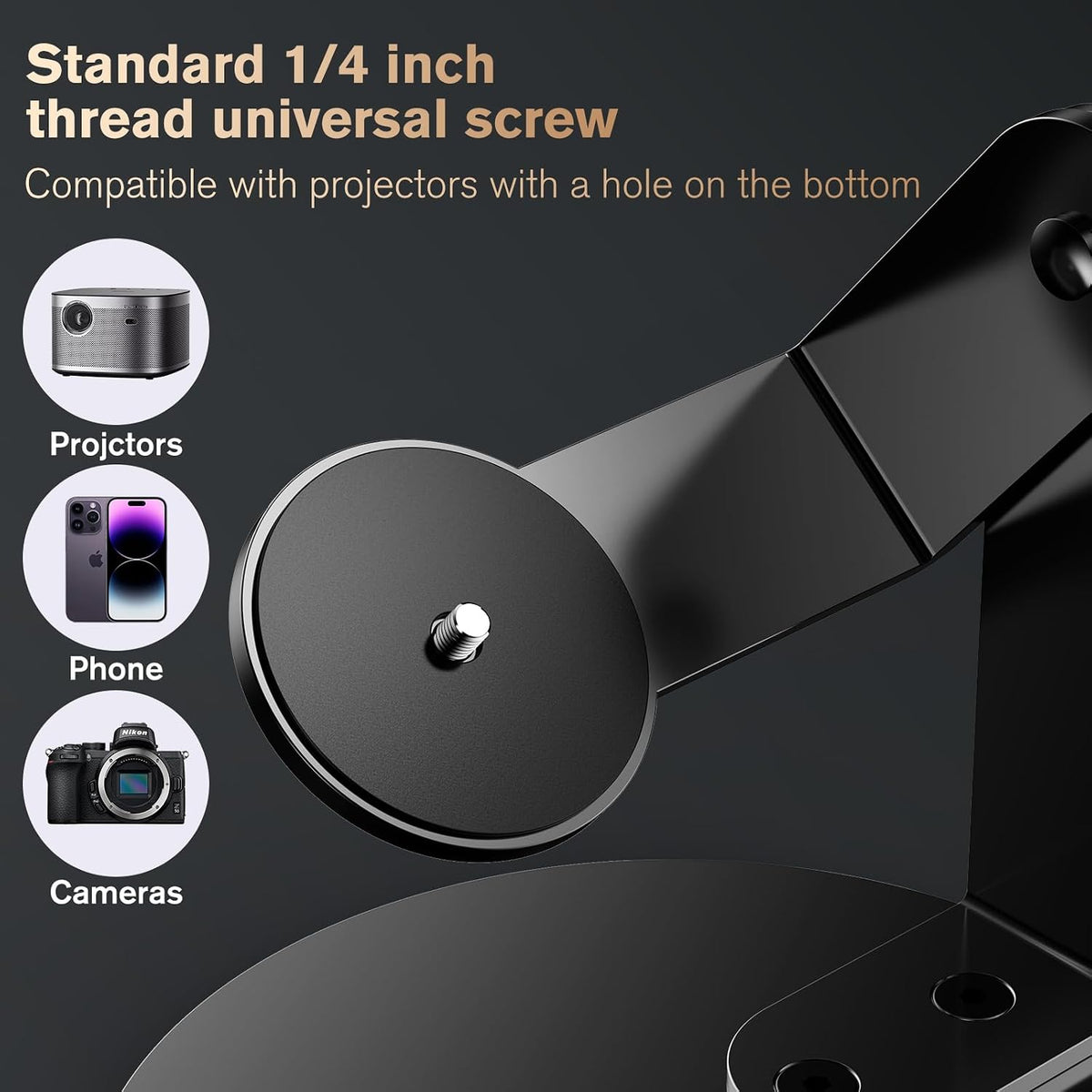 DAWASAPAT Projector Stand Table, Desktop Mount 360° Adjustable with 1/4" Screw, Projector Bracket Holder with Cable Ties for Indoor/Outdoor/Office (Black) - Image 3