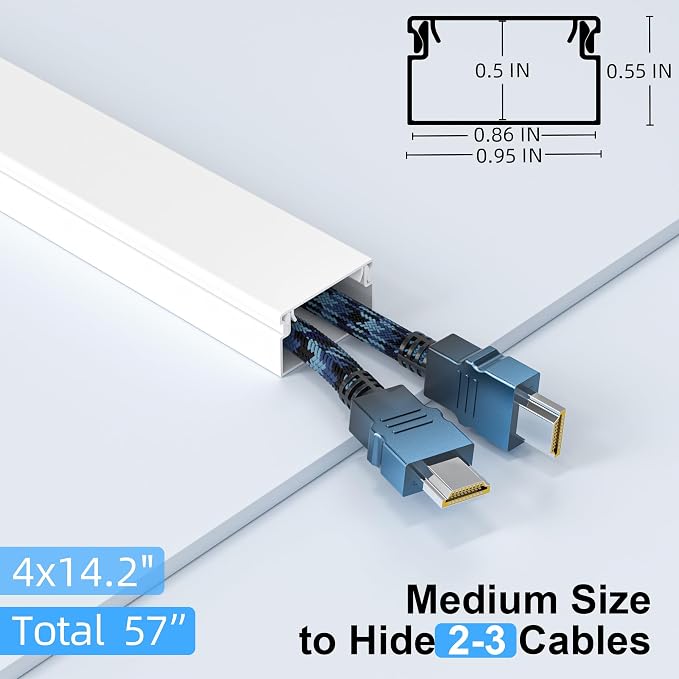 Delamu Cord Hider for Wall Mounted TV, 57in Paintable Cable Cover System, Self-Adhesive Cable Management Raceway Kit Hides 2-3 Wires, Baseboard Wire Hider Easy Installation, W 0.95 H 0.55in, White - Image 2