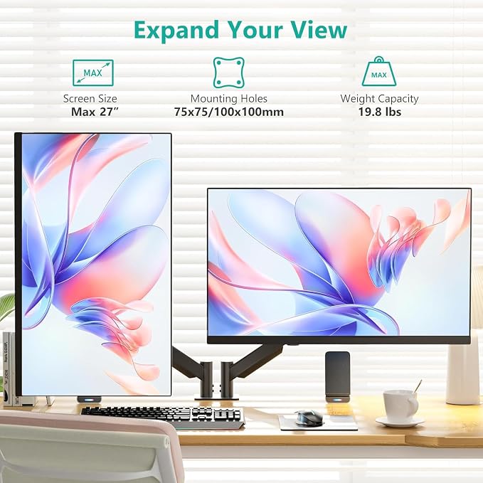 WALI Adjustable Dual Monitor Arm for 13-27 inch Screens, 19.8 lbs per Arm | Dual Monitor Desk Mount, Full Motion with Tilt, Swivel, Rotation, C-Clamp & Grommet Base, VESA 75/100mm (GSMP002), Black - Image 2