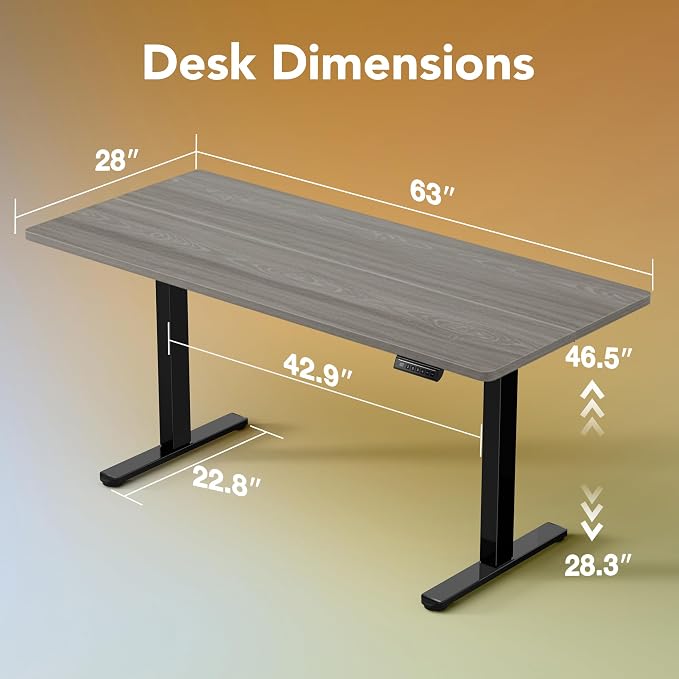 HUANUO 63x28 Inch Electric Standing Desk, Height Adjustable, Grey | 176 Lbs Capacity, Smooth Home Office Desk, 4 Memory Presets & Headphone Hooks, 28.3–46.5 Inch Height Range, Easy to assemble - Image 2