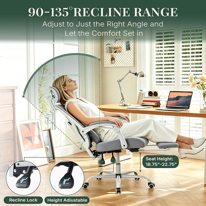 Ergonomic Office Chair with Footrest, Computer Gaming Chair | Adjustable Headrest, Lumbar Support, Swivel Reclining, Padded Armrest, Mesh High Back, Home Desk Work Study, Grey - Image 5