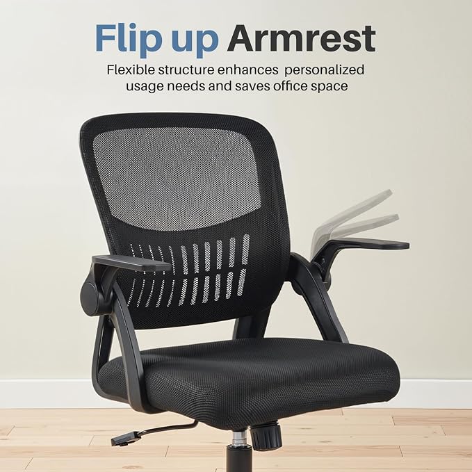 DUMOS Home Office Desk Chair, Computer Lumbar Support Chair | Ergonomic Mesh, Flip-up Armrest Height Adjustable, Rocking Mode 360 Swivel, Meeting Room, Black - Image 8