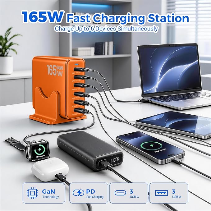 165W GaN Charging Station, 6-Port USB C & USB A Charger, Orange | 165W GaN, 6-Port USB Charging Station, 3x40W USB-C + 3x15W USB-A, ABS+PC, Charge 6 Devices, Home Office Travel - Image 2