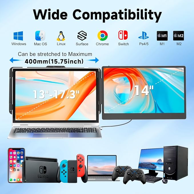 KEFEYA Laptop Screen Extender, 14" Portable Monitor for Laptops 13-17", 1080P FHD IPS Monitor Extender for Laptop with USB-C/HDMI Port, Plug n Play for Windows/Chrome/Mac/Switch/PS5 - Image 5