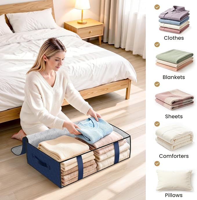StorageRight Under Bed Storage Bags, 8 Pack, 40L, Blue | Breathable Non-Woven Fabric with a Clear Window and Zippered Top for Clothes, Comforters, Blankets and Seasonal Storage - Image 7